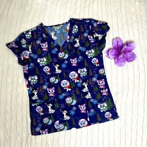 Gabby Brooke Women's Blue Big-Eyed Kittens & Puppies Winter Holiday Scrub Top; S
